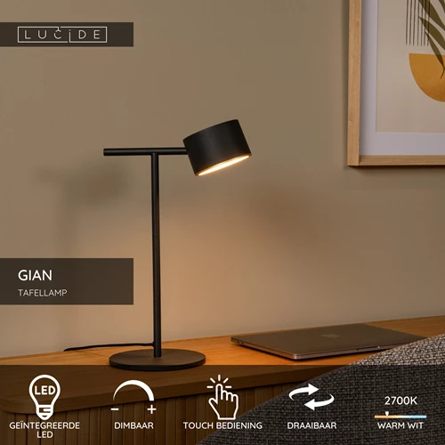 Lucide GIAN - Tafellamp - LED Dimb. - 1x9W 2700K - Zwart - USP